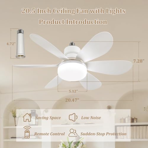 20.5Socket Fan Light with Remote,E26 Base 40W/3000-6000K Dimming | Portable Small Screw in Ceiling Fan with Light Bulb for Bedroom,Kitchen,Garage,3Color Modes,1900LM 8-Level Dimming Brightness